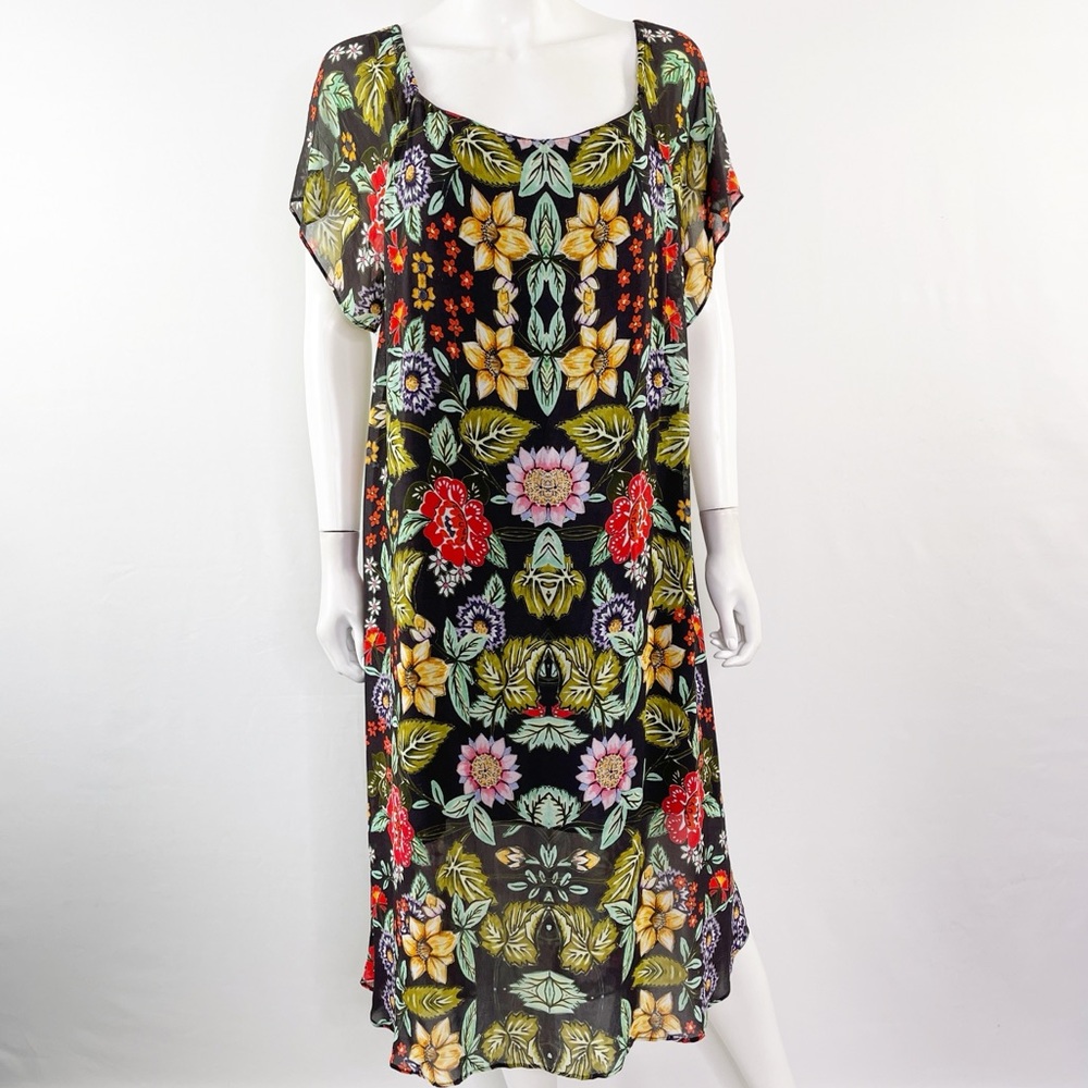 Love Sam Black Colorful Floral Short Sleeve Chiffon Midi Shift Dress Size S